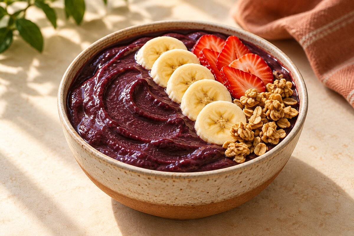 A thick purple açaí bowl topped with banana, strawberries and granola