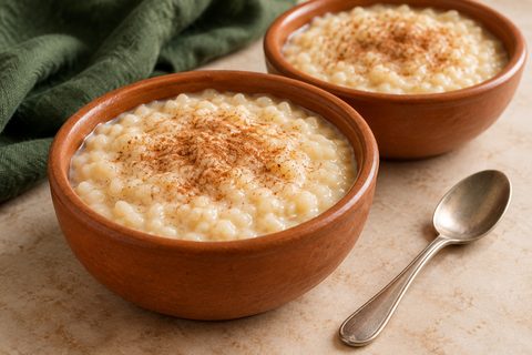 Creamy ivory rice pudding in small bowls with a light cinnamon dusting