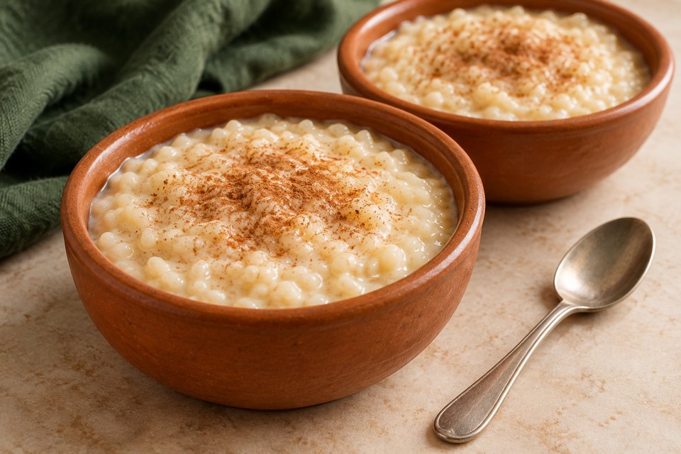 Creamy ivory rice pudding in small bowls with a light cinnamon dusting