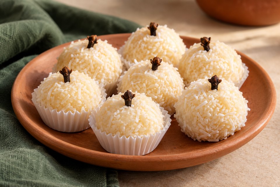 White coconut beijinhos topped with whole cloves on a terracotta plate
