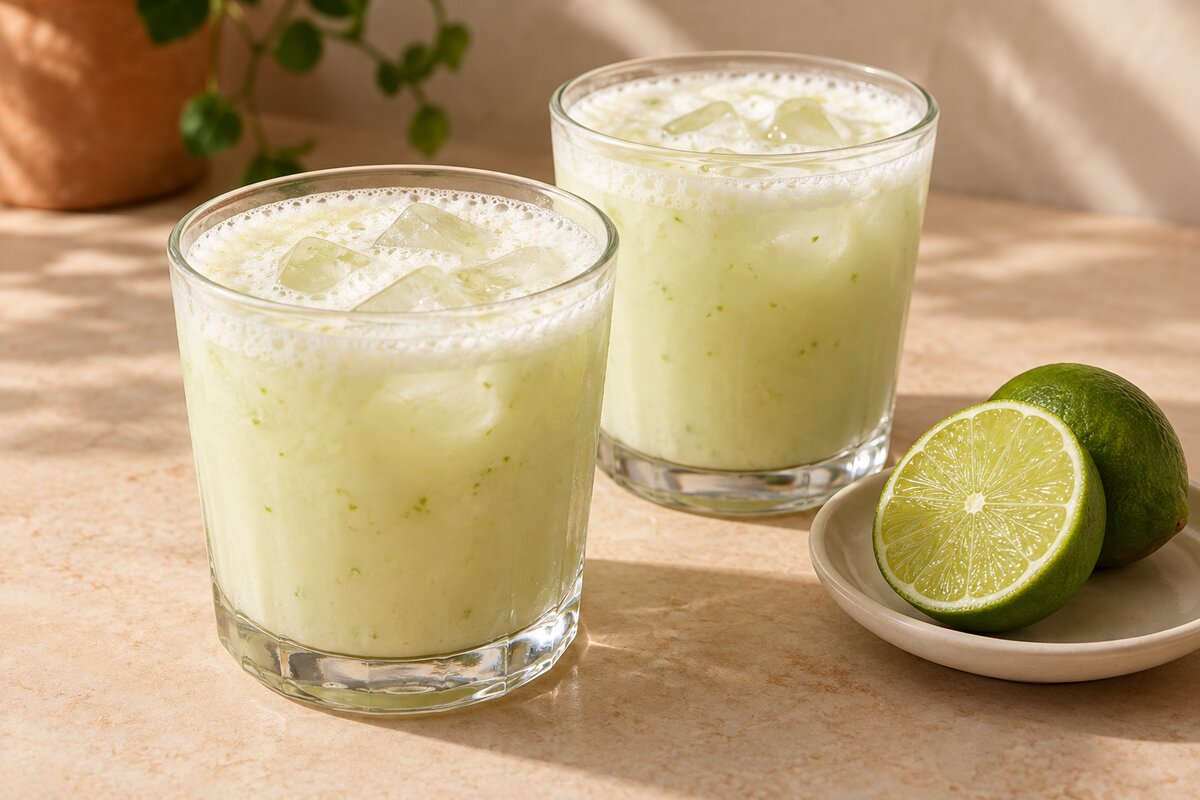 Two glasses of creamy pale limeade with ice and fresh limes