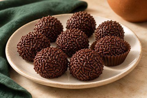 Dark chocolate brigadeiros coated in chocolate sprinkles on a ceramic plate
