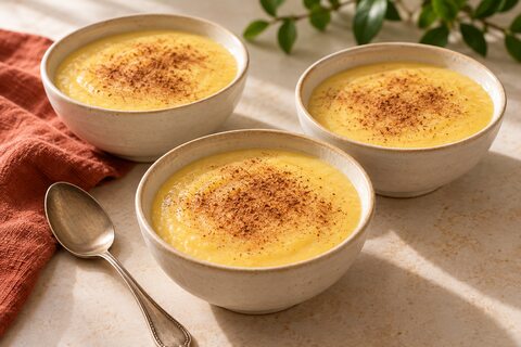 Soft yellow corn pudding in small bowls with a light dusting of cinnamon