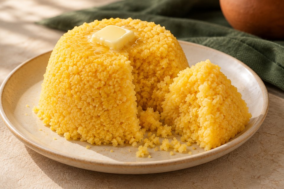 Yellow steamed Brazilian corn cuscuz with a loosened wedge and a small pat of butter