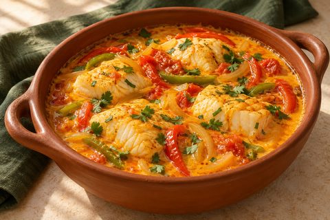 White fish pieces with peppers, tomato, onion and cilantro in orange coconut broth