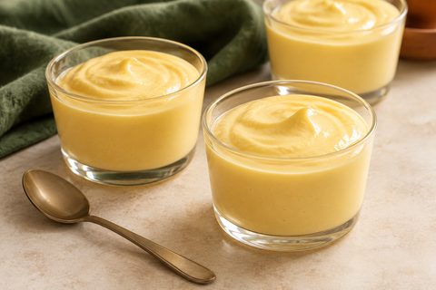 Pale yellow passion fruit mousse in three small glass cups