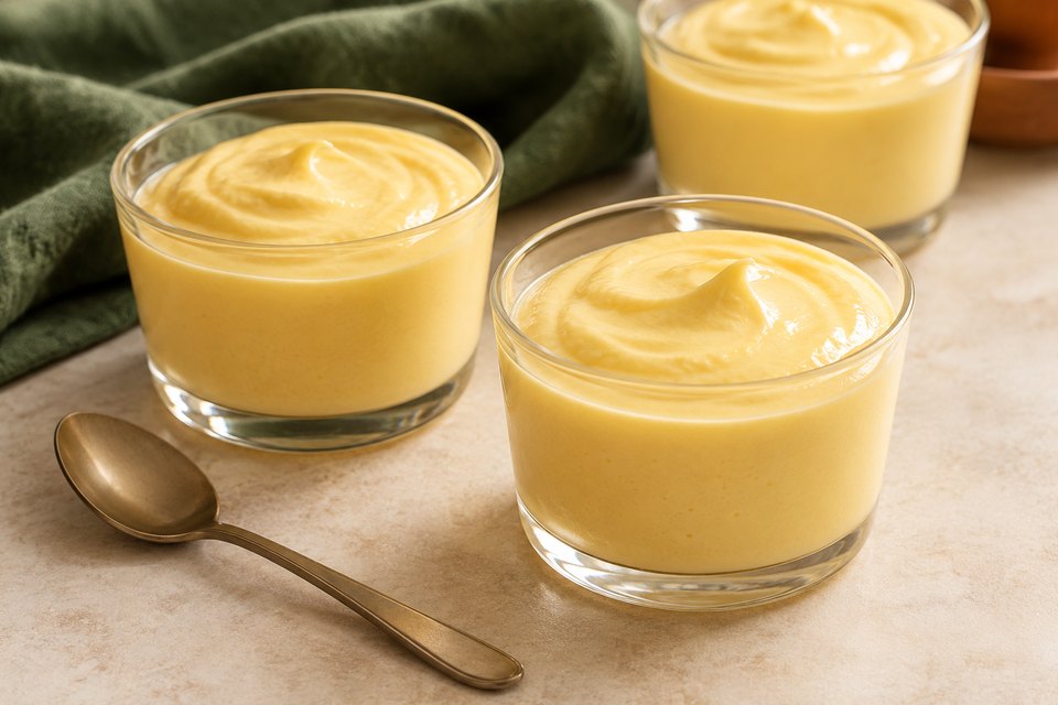 Pale yellow passion fruit mousse in three small glass cups