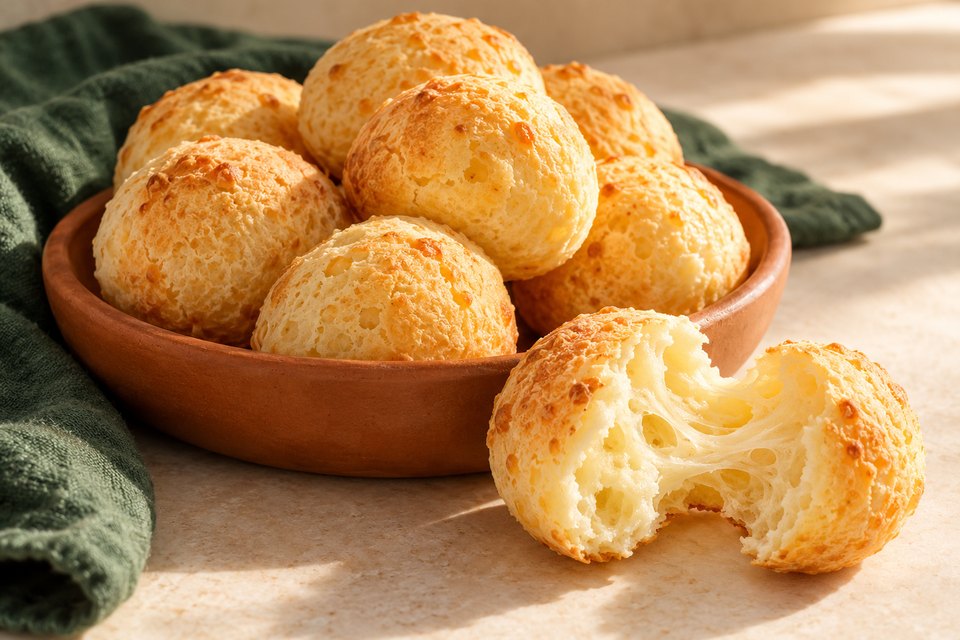 Golden Brazilian cheese rolls in a terracotta bowl, one torn open to show its airy interior