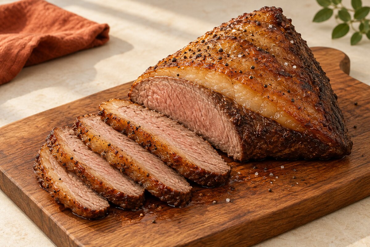 Sliced sirloin-cap roast with a browned fat cap on a wooden board