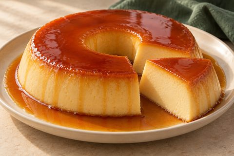 Brazilian ring-shaped milk custard with amber caramel sauce and one cut slice