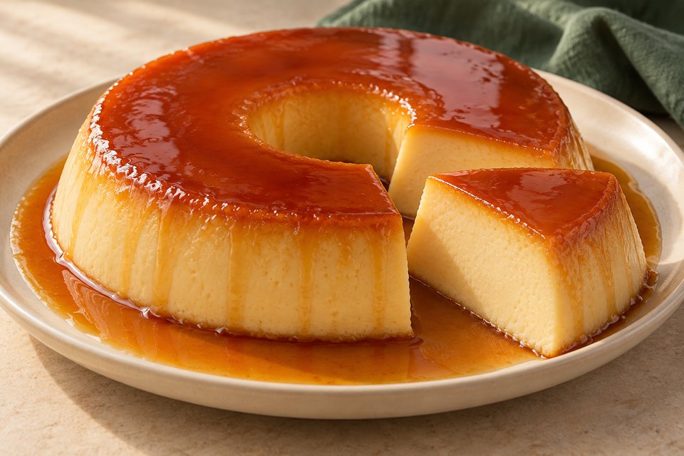 Brazilian ring-shaped milk custard with amber caramel sauce and one cut slice