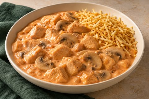 Chicken breast pieces and sliced mushrooms in a pale orange cream sauce, with thin golden potato sticks