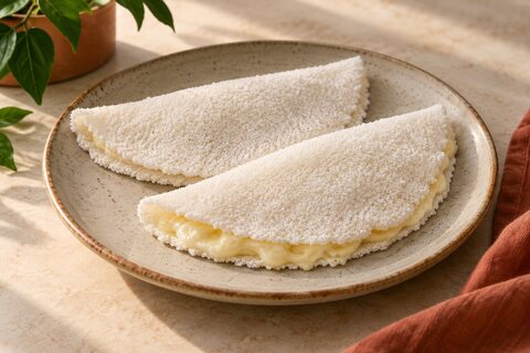 Two white folded tapioca wraps with melted cheese on a plate