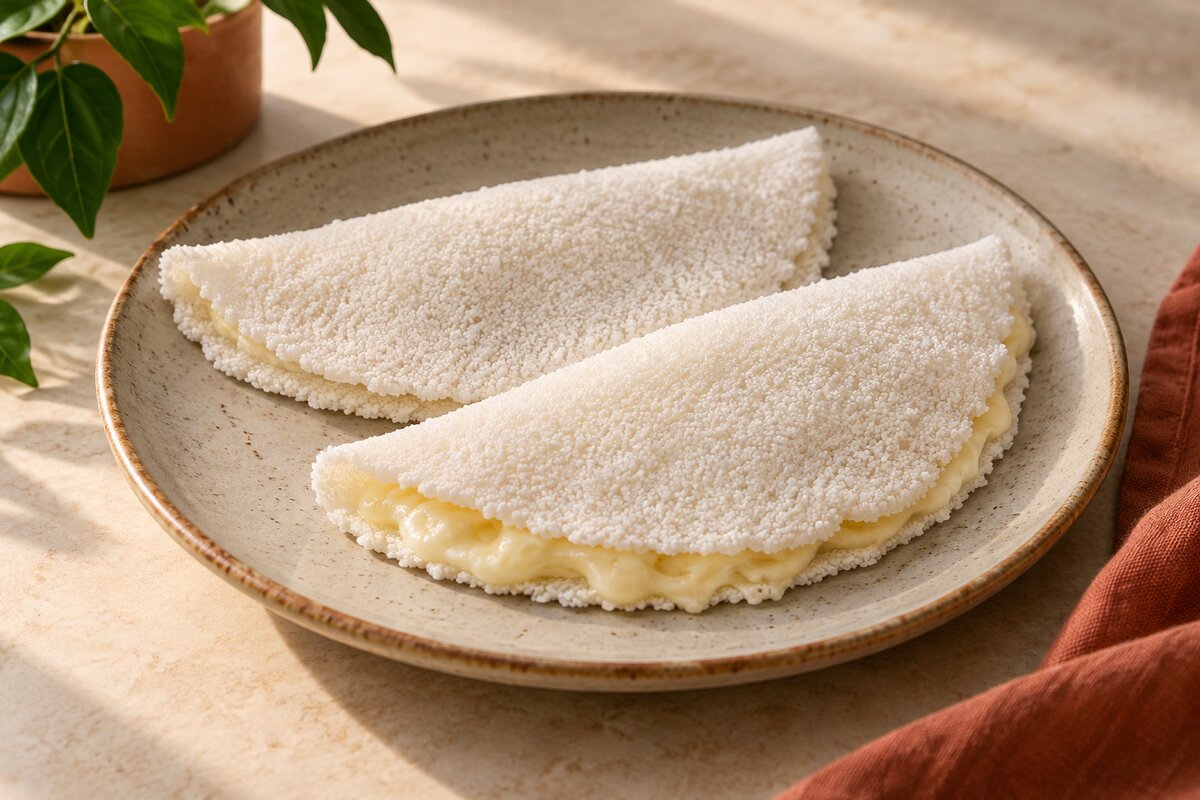 Two white folded tapioca wraps with melted cheese on a plate