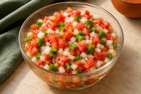 Diced tomato, white onion and green bell pepper in a glass bowl